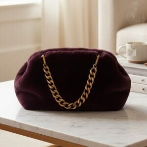 Vintage Purse Burgundy Faux Fur Hobo Bag Gold Chain Strap Y2K Shoulder Mini Chic